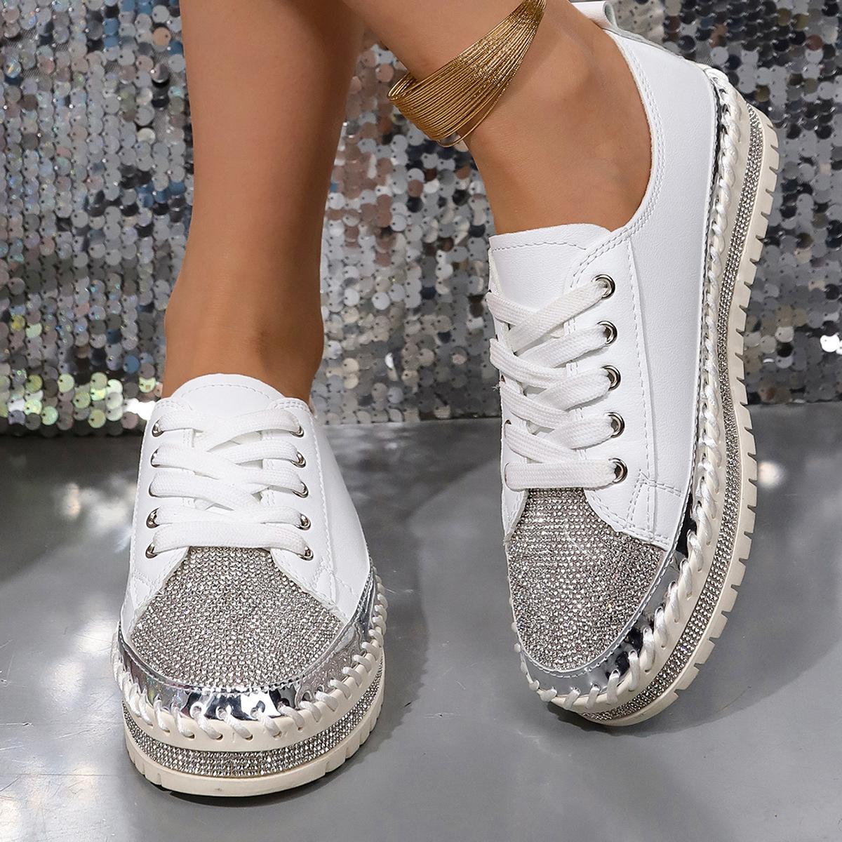 

Женская обувь большого размера, на толстой подошве, с увеличением высоты, с дизайном из стразов, на шнуровке, одинарная обувь, модные лоферы JQ 38 белый