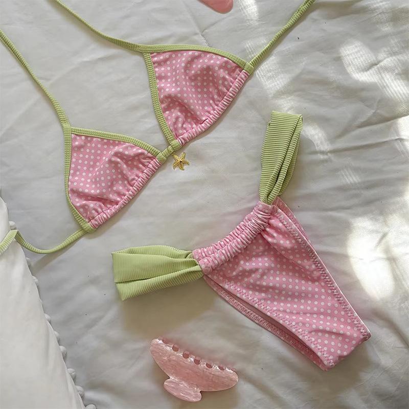 Neck bikini retro printed split metal swimsuit triangle cup bikini swimsuit women S
