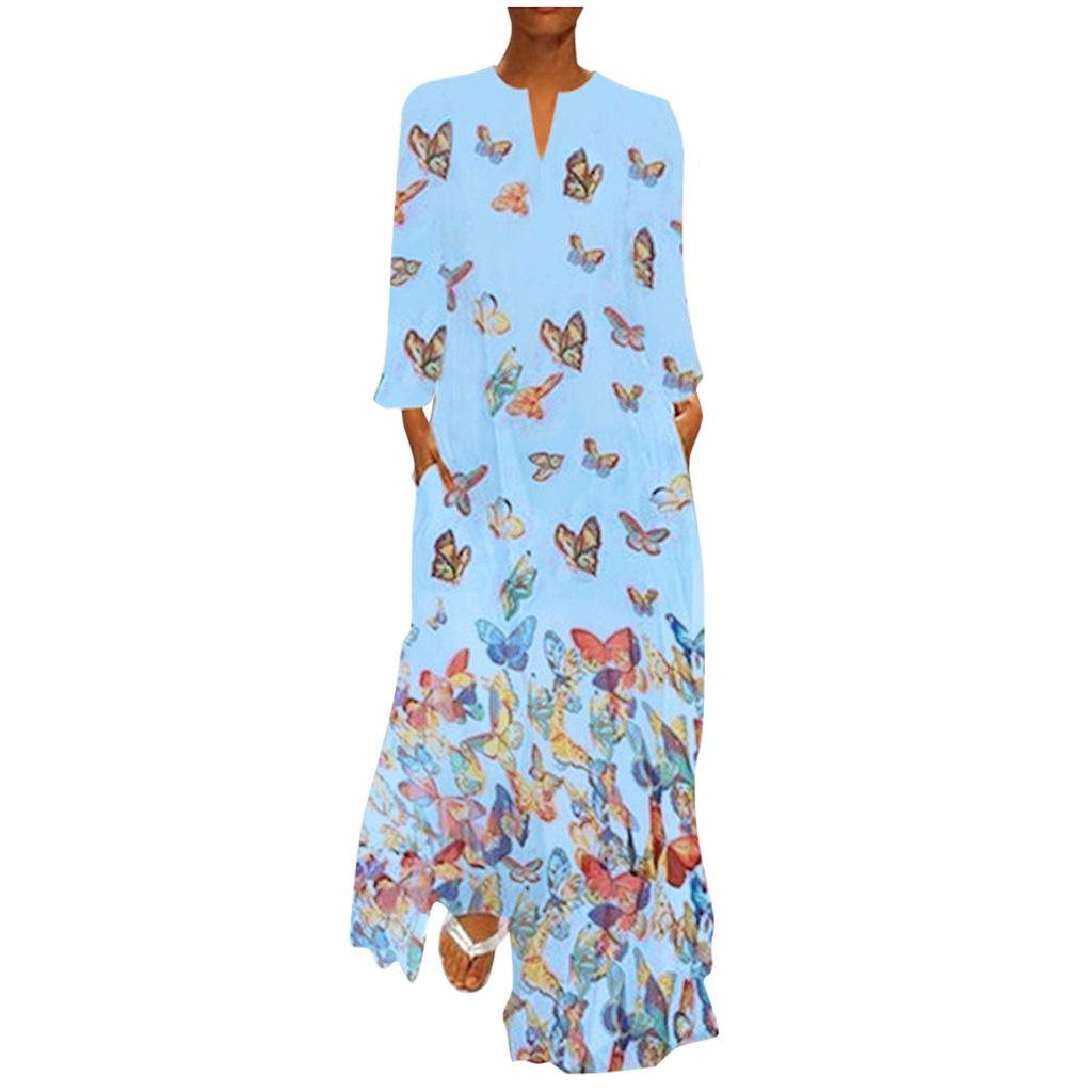 Women's V-Neck Ink Print Butterfly Dress with Pockets, Long Sleeve Summer Style