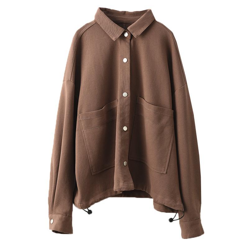 DIMANAF 2025 Mantel Kurze Jacke Damen Baumwolle Uni Langarm Basic Taschen Mode Oberteile T-Shirts Locker Neue