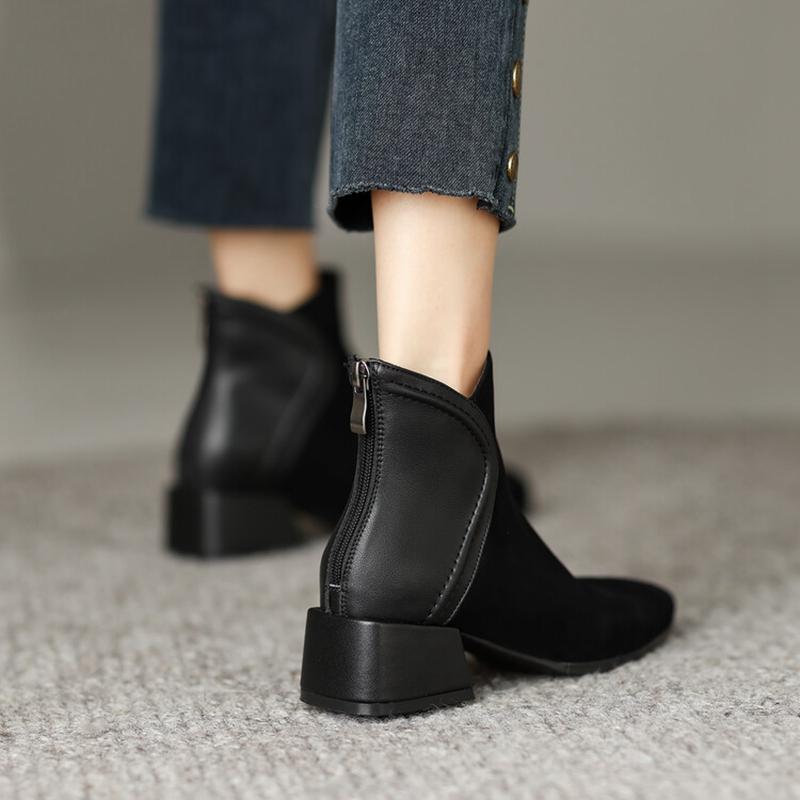 Fashion NEW Fall Shoes Women Sheep Suede Ankle Boots Round Toe Chunky Heel Boots for Women Winter Mature Women Boots Zipper Modern Boots