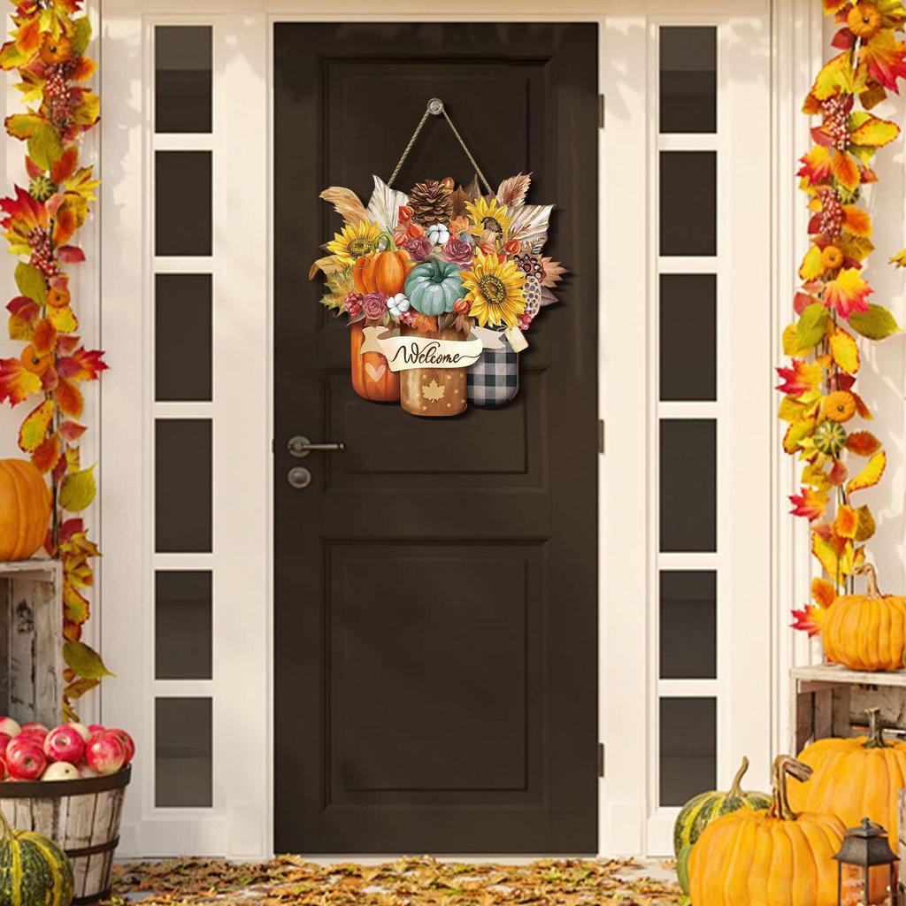 Thanksgiving Autumn Wooden Maple Leaf Welcome Door Sign Hanging Door Decoration 2D