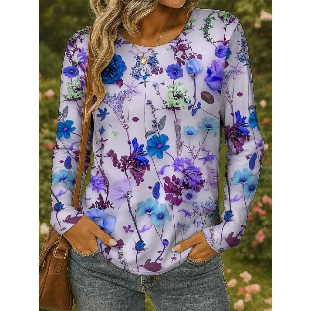 Tops for Women Floral Print Round Neck Long Sleeve T-shirt Fall Casual Slim Pullover Women's Long Sleeve Top