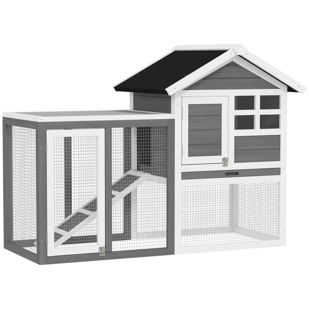 Multi-Equipped Rabbit Hutch Cage: Upper House with Ramp, Droppings Tray, Window + Outdoor Run