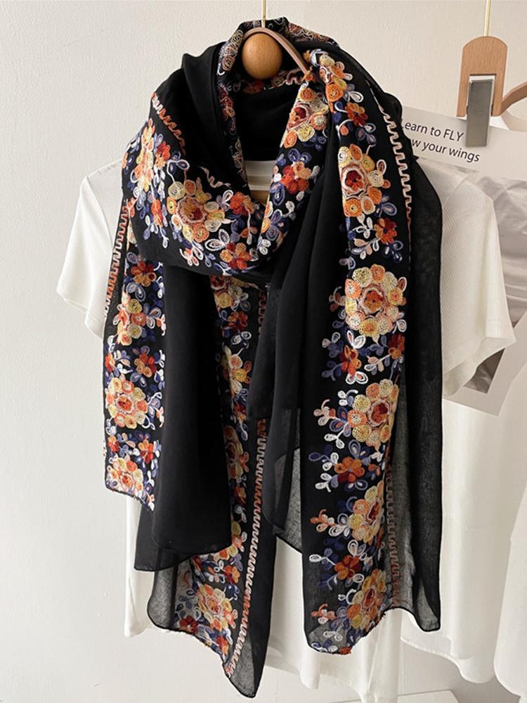Elegant Women Boho Chiffon Silk Scarf Wrap Shawl Flower Embroidery Sunscreen Bandanas Hijab Mujer Scarve Pareo Beach Casual New