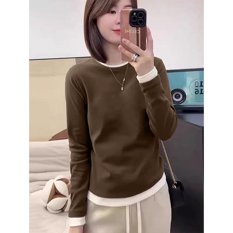 

Women s Color Block Fake Two-Piece Long Sleeve T-shirt - New for 2026 Autumn/Winter L