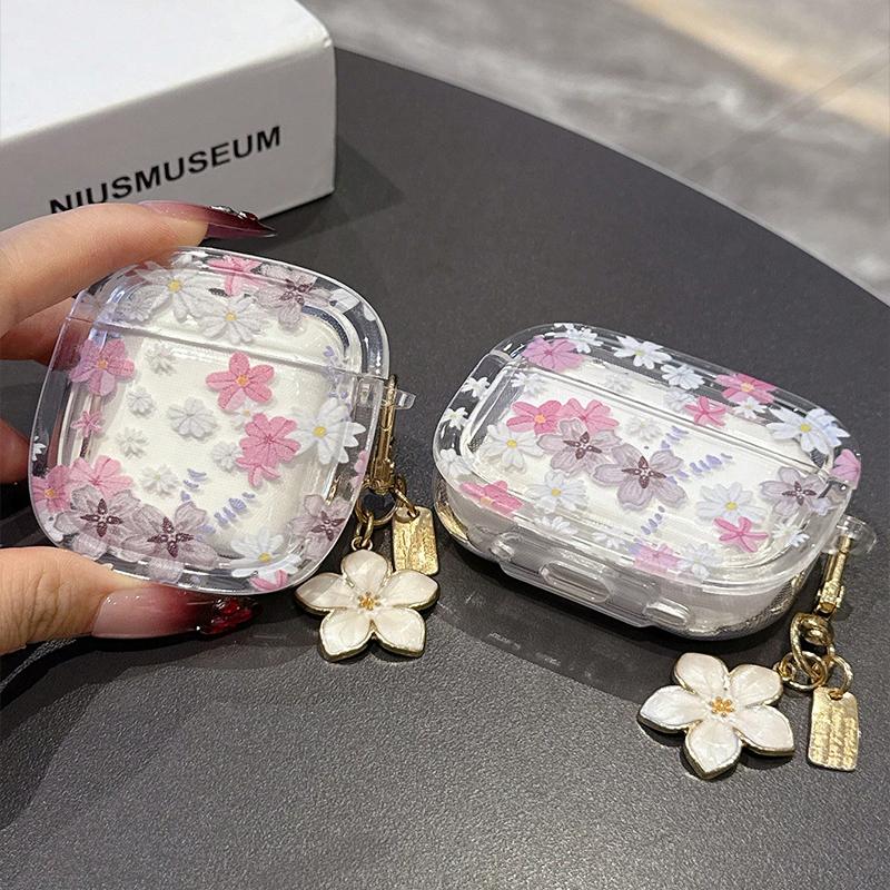 Pink Flowers Pattern Wireless Bluetooth Case for AirPods 4 3 1/2 AirPod Pro and Pro2 Case TPU Headset Protective Cover with Hoo