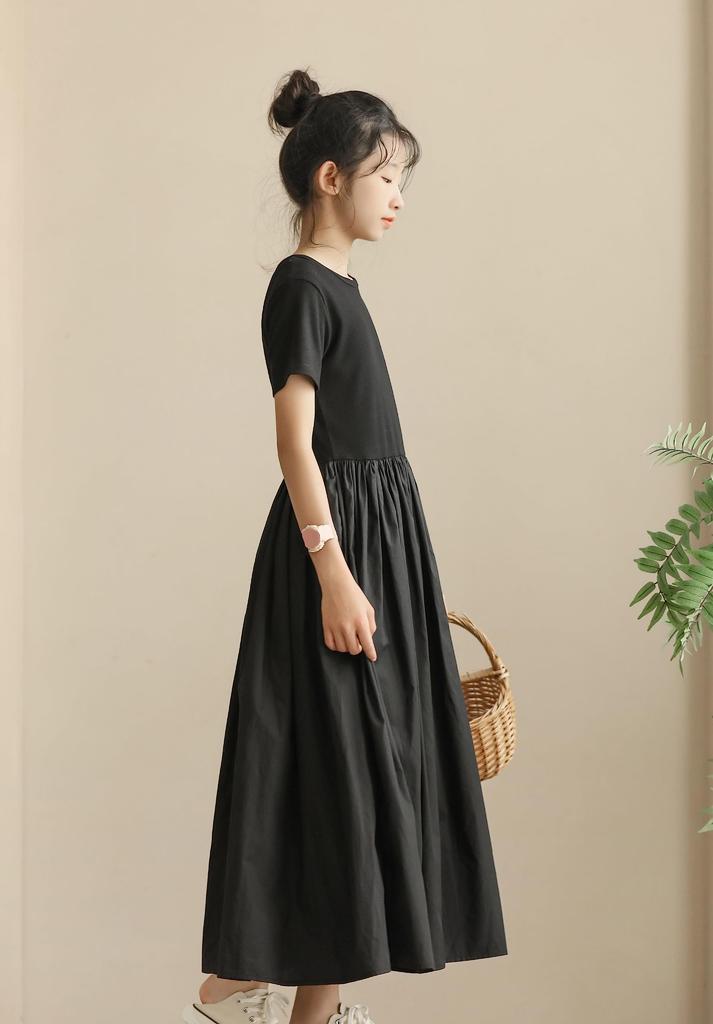 Weileenice Black Size Perfect for Contrasting Elastic Long Short Summer Clothes Girls' Dress, 140, Recitals, Design, Waist, Dress, Sleeves, Funerals,