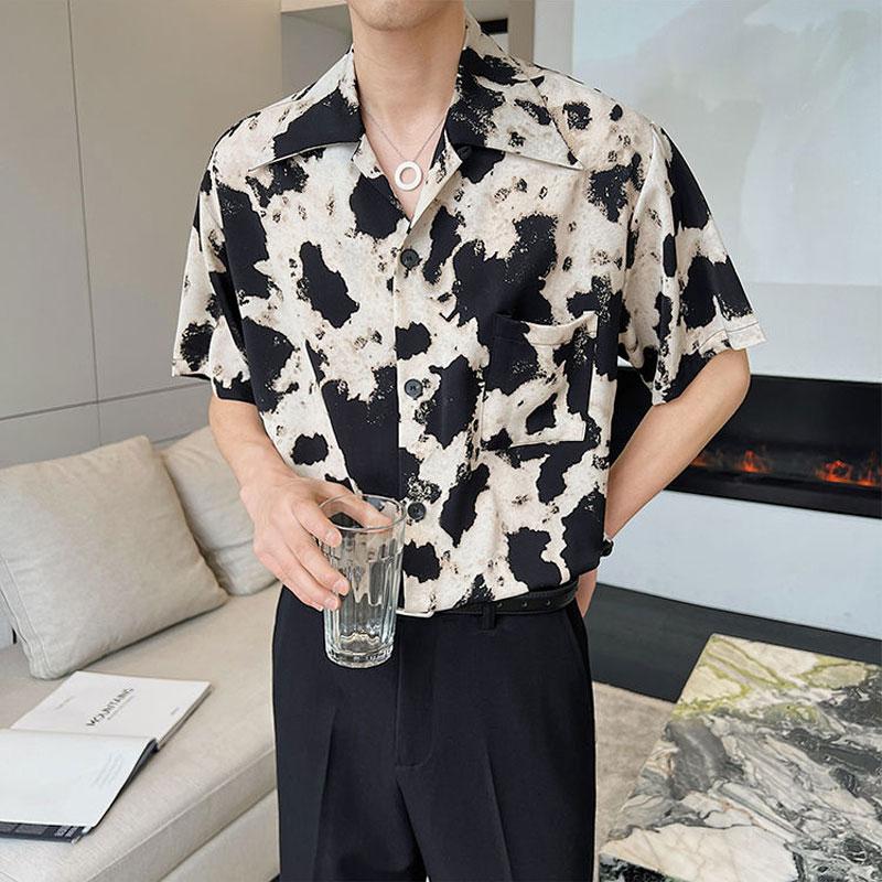 Schicke Vintage-Bedruckte Hemden Sommer Lässig Locker Herrenbekleidung Umlegekragen Japan-Stil Taschen Gespleißte Kurzarmhemden