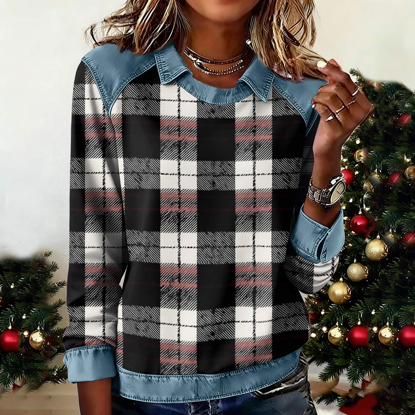 

Жіноча Модна Розкльошена Довгий Рукав Джинсова Платкова Толстовка З Принтом Повсякденний Пуловер Топ XL білий