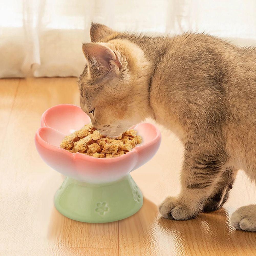 High Foot Raised Cat Feeder Flower Shape Ceramic Pets Dish Slow Feeder Cat Bowl  Puppy