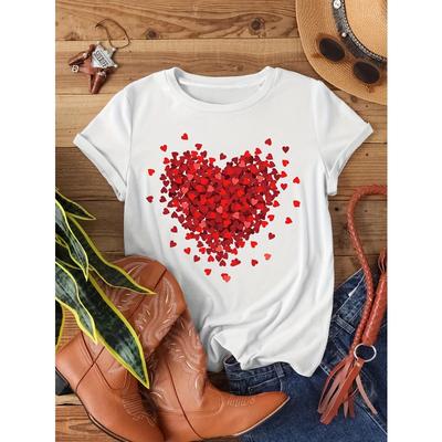 T-Shirt mit Herzprint, lässiges Kurzarm-Oberteil für Frühling & Sommer, Damenbekleidung Europäische Größe