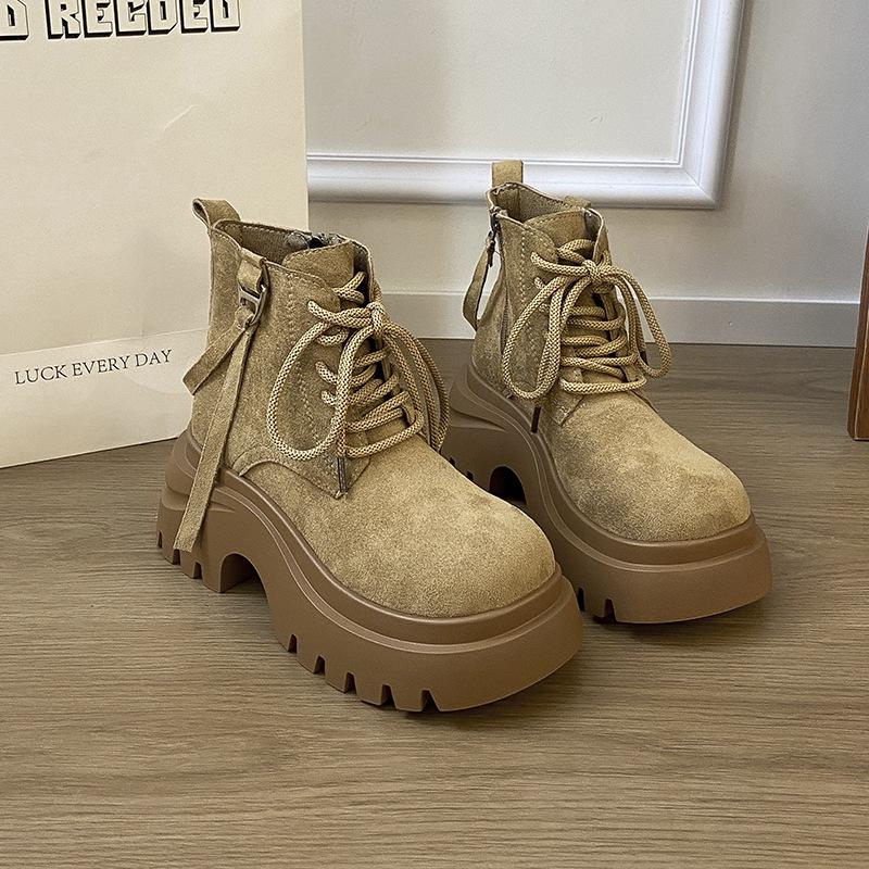 Retro Thick-soled Heightening Martin Boots for Women's 2025 Autumn New Fashionable Maillard Slim Short Boots Lace-up Rhubarb Boots