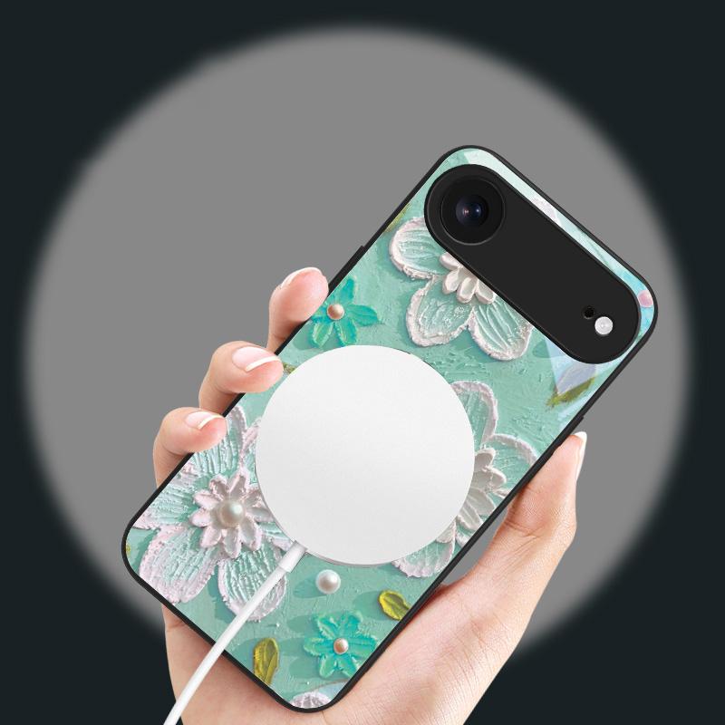 Cream Rice White Petals Suitable for iPhone 17 Pro Max 16E 15 Pro 14 13 Plus 12 Mini 11 XR Xs 7 8 16 Air Black Glass Phone Case