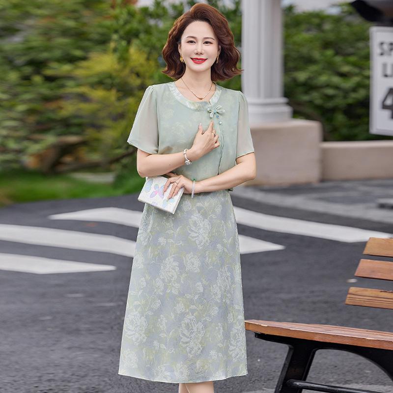 Elegant Summer Floral Two-Piece Dress for Women - Short Sleeve Skirt for Young, Middle-Aged, and Elderly Mothers