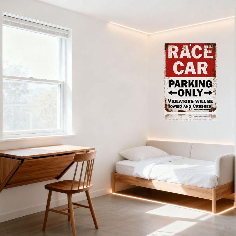Vintage Race Car Parking Only Metal Sign, Rustic Distressed Metal Tin Sign with Warning Text for Bar Garage Man Cave Wall Decor,