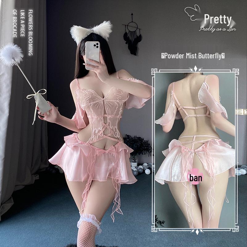 Ruo Lan Backless Pearl Sparkle Butterfly Lingerie Set 9224