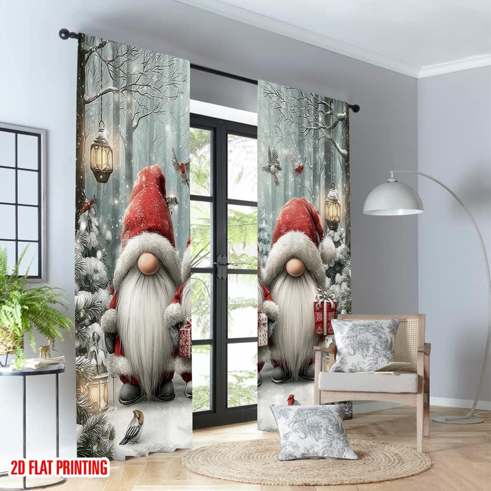2pcs 2D flat printing Happy Christmas Party Curtains Christmas Gnomes Forest Lanterns Digital Printed Polyester Drapes Holiday