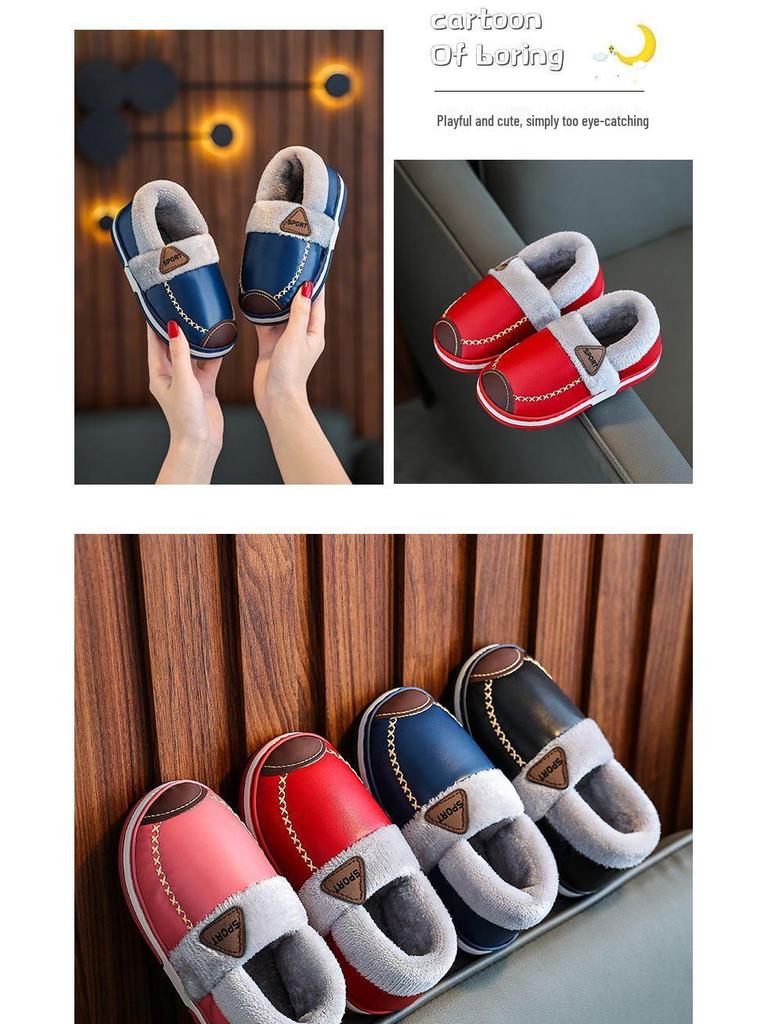 Waterproof Non-Slip Winter Warm Cotton Slippers with Velvet & PU Leather for Men, Women, & Kids