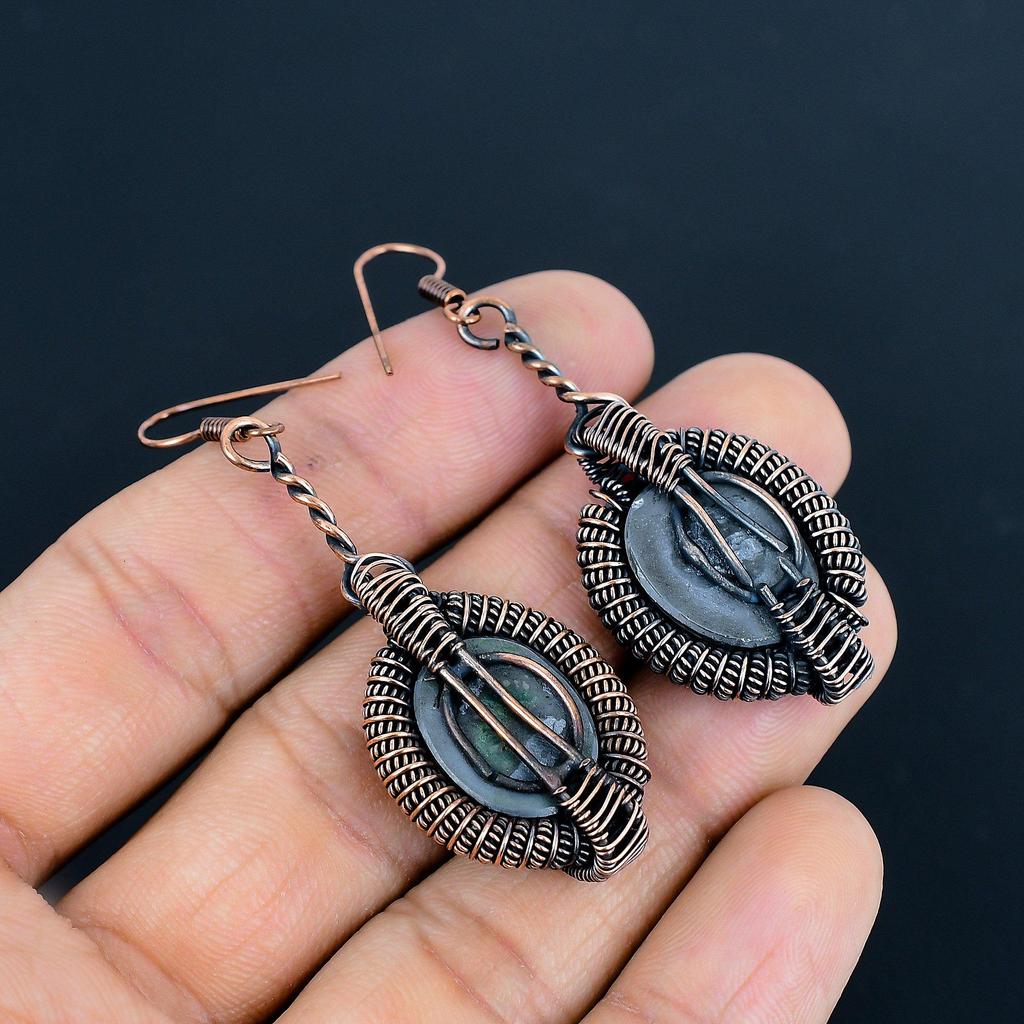 Shungite Handmade Gemstone Earrings, 999 Copper Wire Wrapped Earrings Antique Jewelry, For Thanksgiving