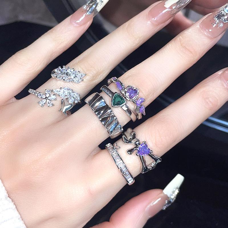 Full Diamond Zircon Niche Design High Sense Cold Wind Personality French Open Ring Index Finger Ring Female