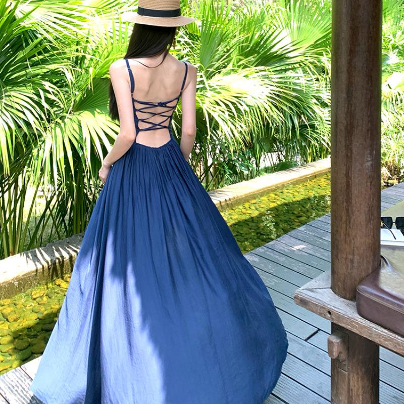 New French temperament backless suspender dress women's summer seaside vacation waist thin split fork dress