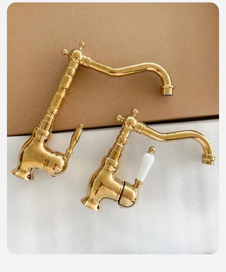 European Style Gold Basin Faucet Chrome Hot and Cold Mixers Antique Wash Basin Faucet Taps 360 Rotating Kitchen Faucet