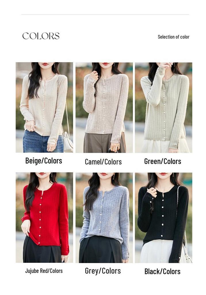 100% Pure Wool Ribbed Knit Cardigan, Round Neck, Long Sleeve, Solid Color, Loose Fit, Warm Outerwear for Autumn & Winter