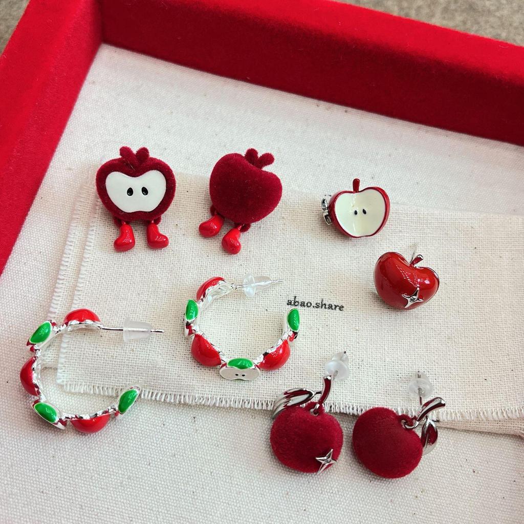 Flocked Ankola Red Apple Earrings - Cute, Sweet, and Versatile for Autumn/Winter and New Year