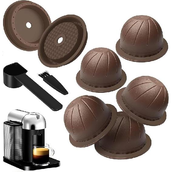 5PCS Reusable Coffee Vertuo Pods, Refillable Coffee Capsule,Compatible with Nespresso Vertuo Coffee Machine, with 2 Pcs Reusable Coffee Capsule Lid, Brown-150ML