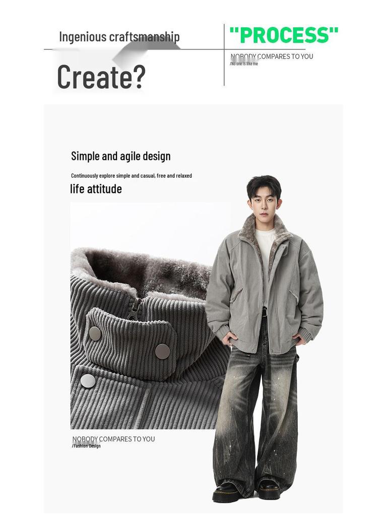2025 Men's Japanese Retro Fur Collar Cotton Padded Jacket - Warm, Casual, Loose Fit Fashion Top for Autumn/Winter