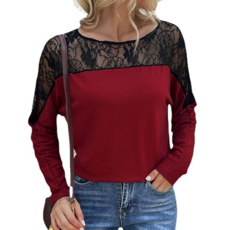 Sexy Hollow Lace Patchwork Round Neck Long Sleeved T-shirt Top for Women Shirt
