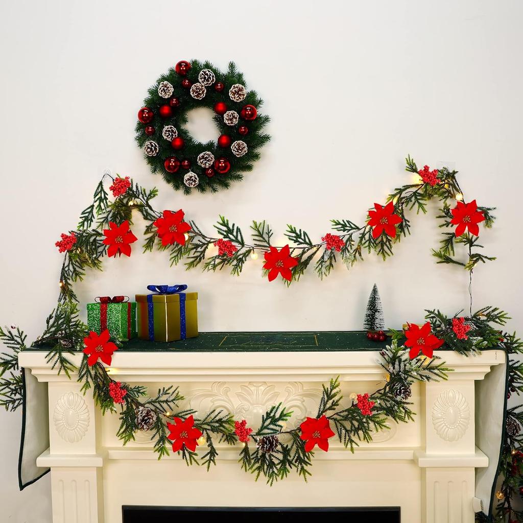 2 Pack 9' Pre-lit Flocked Christmas Garland, Lighted Poinsettia Spruce, Battery Operated, Green Red