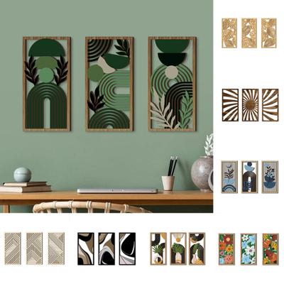 3 Pcs Boho Wood Wall Art Decor Minimalist Plants Geometric Hollow-out Hanging