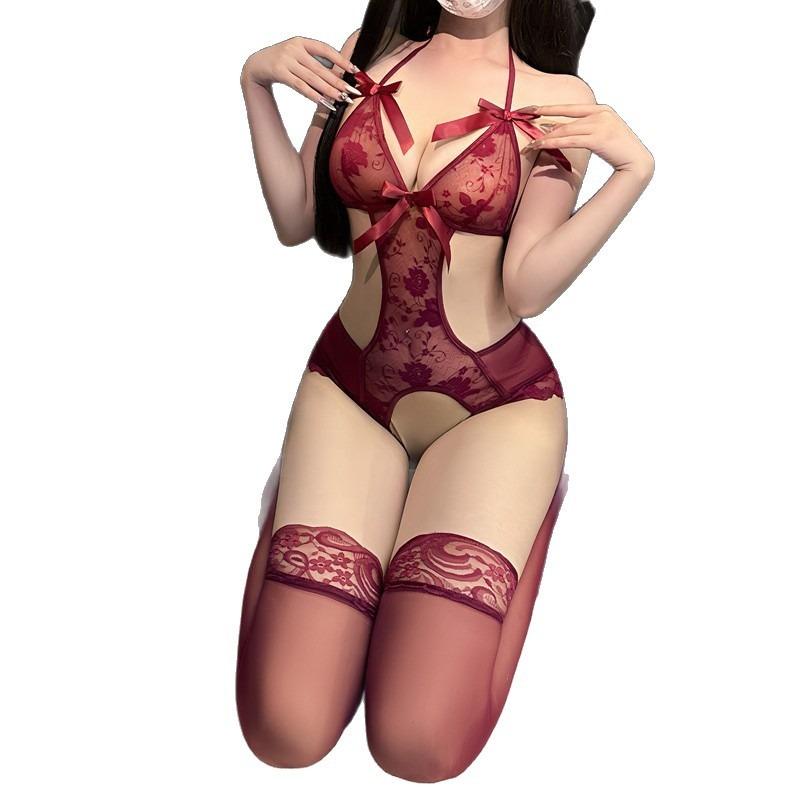 Bow One-piece Open Crotch Free Sex Underwear Sexy Suspenders Pure Desire Uniform Lace Seduction Pajamas 8