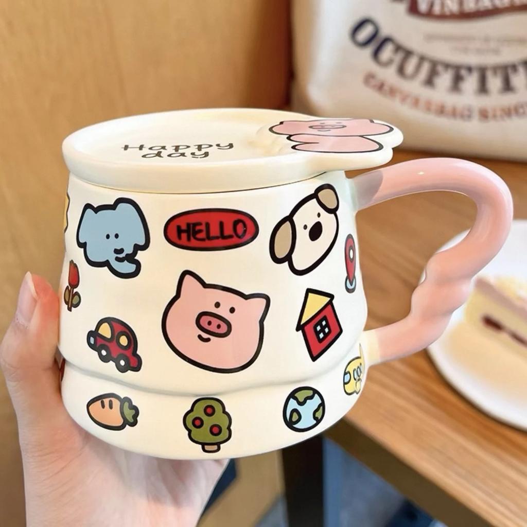 Children's fun, cute graffiti ceramic mug with lid, birthday gift, household drinking water, high-value water cup, souvenir gift girl