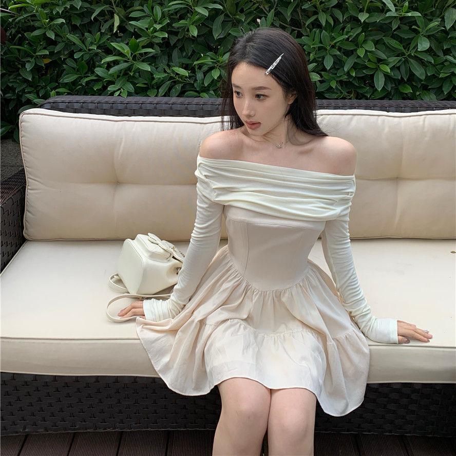 French Temperament One-word Collar A-word Short Skirt Long-sleeved Dress Women's Autumn Clothing Sweet Spice Girl Slim Waist Small Black Dress