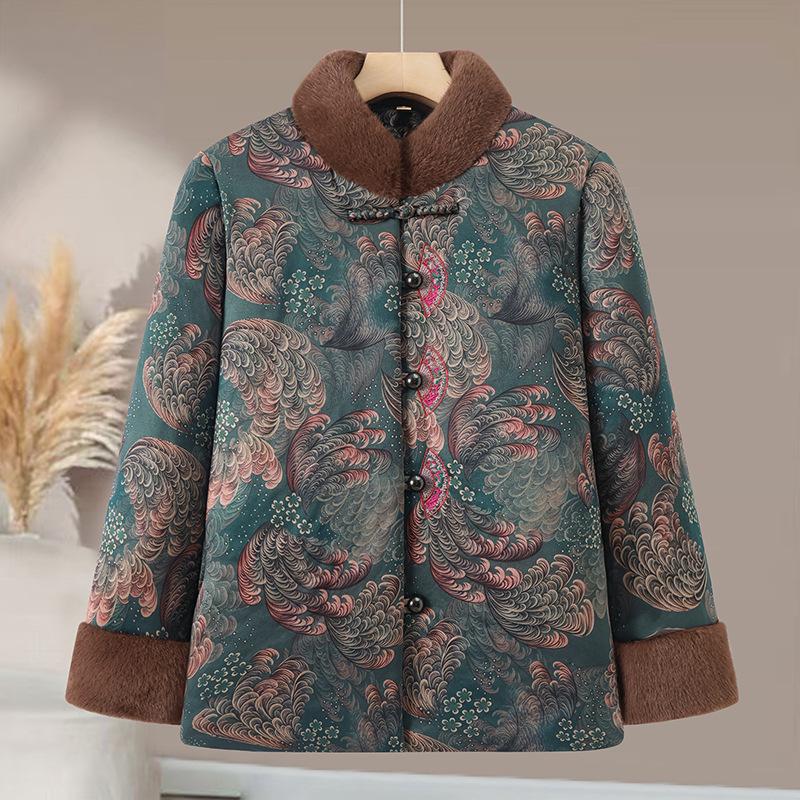 Stylish Fleece-Lined Cotton Jacket for Middle-aged and Elderly Women