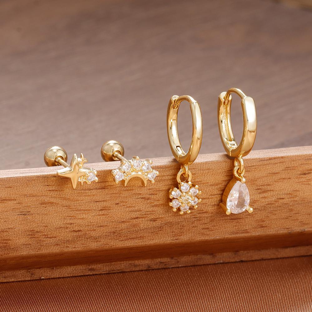 4PCS Luxury Star Moon Stainless Steel Zircon Stud Earrings Set For Women Simple Flower Earring Classic Huggie Daily Jewelry