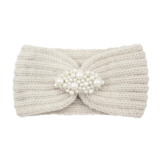 Knitted Headband Soft Stretchy Wide Band Hairband with Faux Pearl Headwrap Winter Hair Accents Solid Color