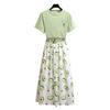 Women Summer Vintage Two Pieces Set Slim Short Sleeve T-Shirt Fruit Printed Skirt Suit High Waist Long Pleated Skirt Casual Suit