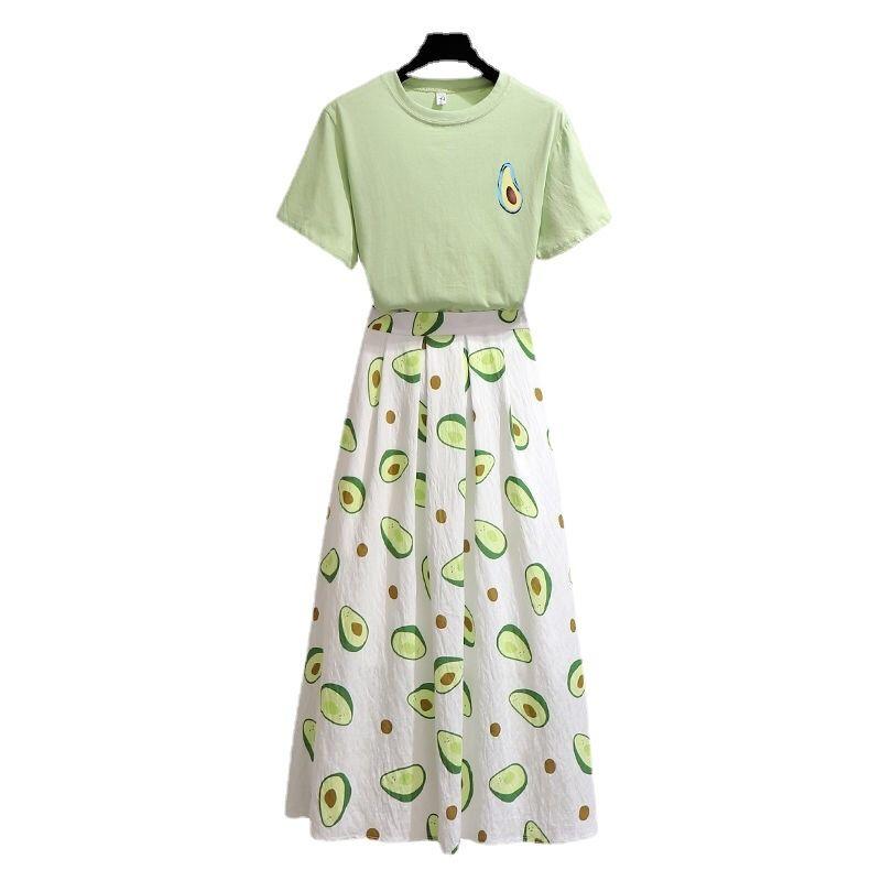 Women Summer Vintage Two Pieces Set Slim Short Sleeve T-Shirt Fruit Printed Skirt Suit High Waist Long Pleated Skirt Casual Suit
