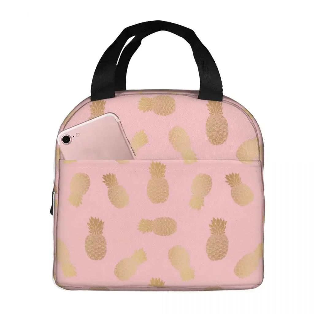 Gold Pineapple Pattern Insulated Lunch Bag for Women Kids Portable Food Boxes Thermal Lunch Box Tote