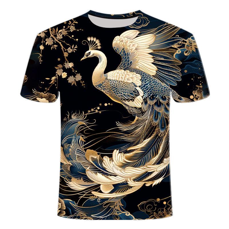 New 3D Printed Round Neck T-shirt for Summer 2024, Popular Item, Return Date, Golden Peacock Series, Men's Short Sleeved