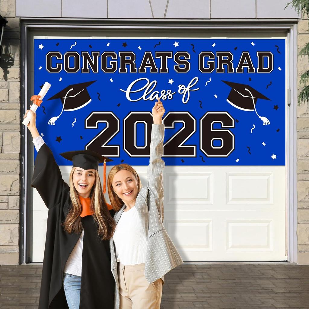 Graduation Party Decorations 2026 Plastic Backdrop - 65" x 32.7" Congrats Grad Banner in Blue, Large Class of 2026 Decorations, Photography & Grad