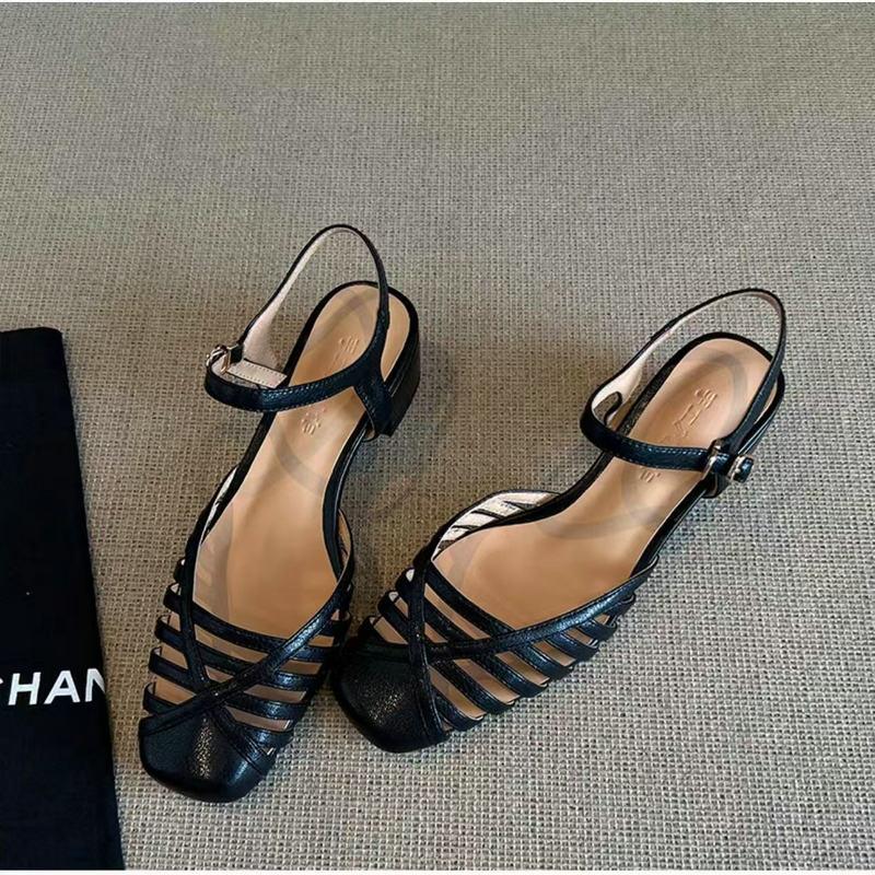 

Fashion Women S Middle Heel Sandals With A Combination Of Anti-Slip Thick And Thin Straps And A Hollowed-Out Buckle At The Back 35 чёрный