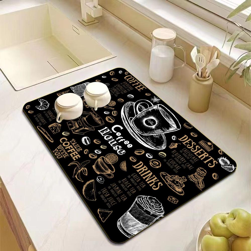 Black and White Coffee Letter Kitchen Mat Diatom Mud Drain Mat Dish Dry Absorbent Coffee Drain Pad Home Decoration Accessories