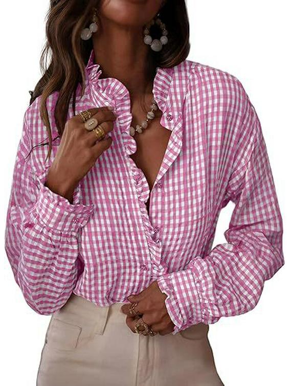 2026 Spring/Summer Women's Elegant Ruffle Plaid Long Sleeve Shirt