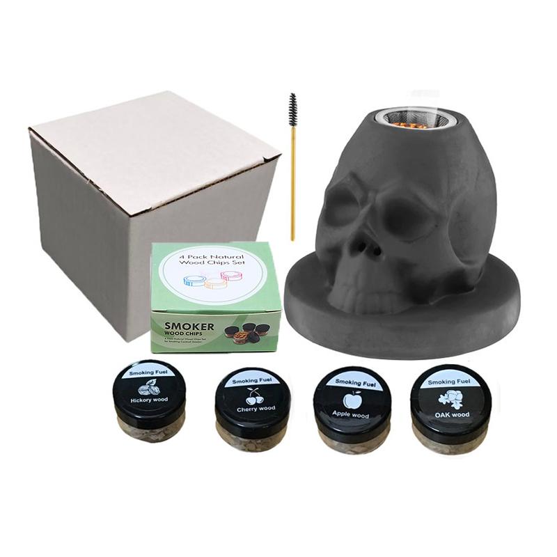Cocktail Smoker Kit with 4 Flavors Wood Chips -Ceramics Bourbon Whiskey Skull-Shaped Old Fashioned Smoker Infuser for Bar Tools