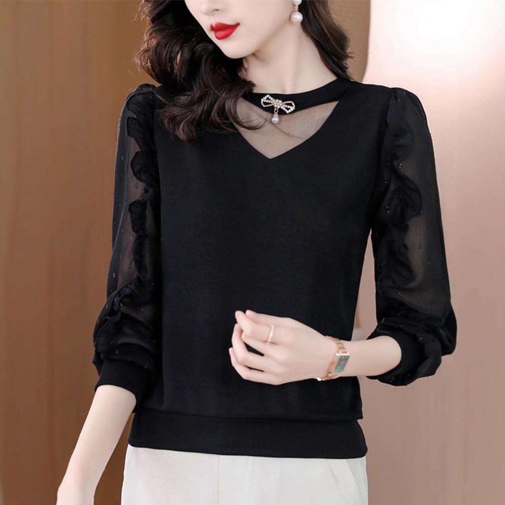 Schwarzes Unterhemd für Damen Langärmlig Winter Neu Hochwertig Modisch Hemd mit Chiffon-Oberteil